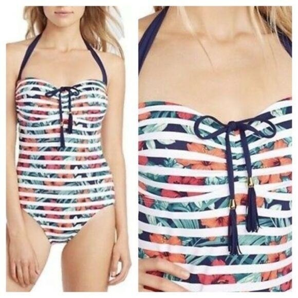 Tommy Bahama Bathing Suit Breton Blooms 10 Striped Halter - Picture 1 of 7